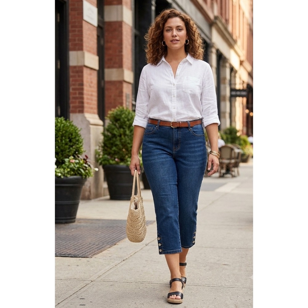 Bleu Womens Medium Wash Button Hem Capri Jeans Denim Cropped Pants Blue Size 8